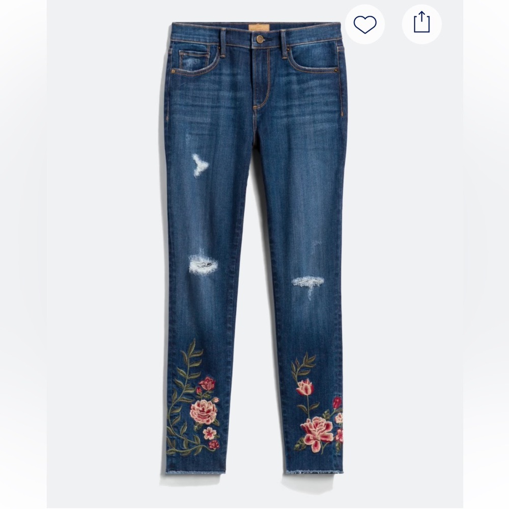 DRIFTWOOD Floral Embroidered Distressed Frayed Hem Skinny Jean - Size 29 - EUC